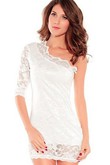 Eine Schulter Spitze Polyester Elegant Elasthan Bodycon Damen Weiß Club Kleider