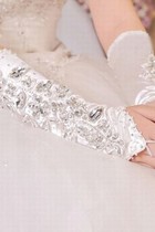 Satin Mit Kristall Luxuriös Weiß Brauthandschuhe