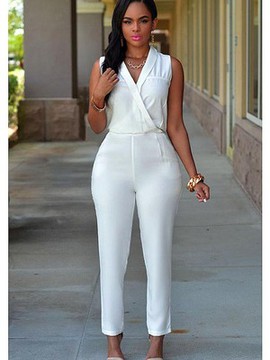 Elegant V-Ausschnitt Polyester Weiß Overall Elasthan Club Kleider