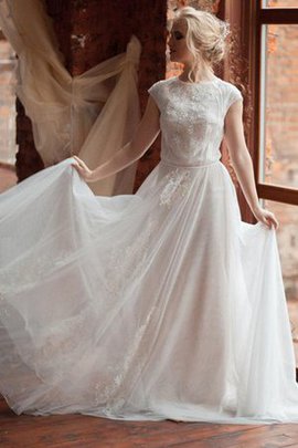 Tüll A-Line Plissiertes Brautkleid mit Knöpfen mit Gekappten Ärmeln