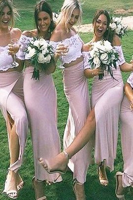 Schulterfrei Normale Taille Enges Bodenlanges Brautjungfernkleid mit Kurzen Ärmeln
