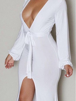 Kleid V-Ausschnitt Vorderseite Weiß Jersey Maxi Club Kleider - Bild 3