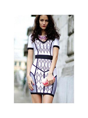 Elasthan Polyester Mode Ausschnitt Kleid Drucken Juwel Club Kleider - Bild 1