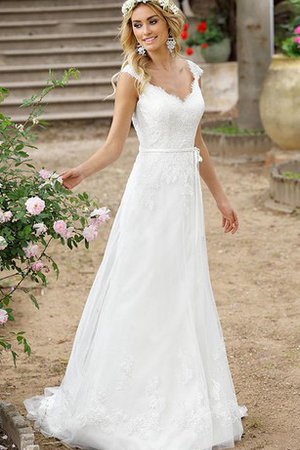 V-Ausschnitt Kurze Ärmeln Luxus Brautkleid mit Bordüre mit Schleife - Bild 1