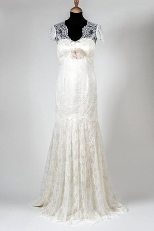 Meerjungfrau Gericht Schleppe Bodenlanges Brautkleid mit Blume mit Gekappten Ärmeln - Bild 1