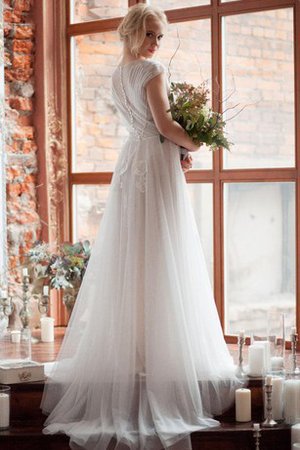 Tüll A-Line Plissiertes Brautkleid mit Knöpfen mit Gekappten Ärmeln - Bild 2