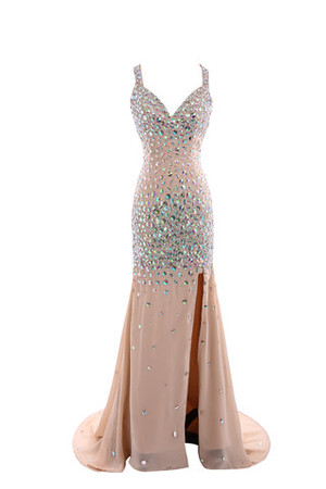 A-Line Paillettenbesetztes Chiffon Luxus Sternenhimmel Abendkleid mit V-Ausschnitt - Bild 1