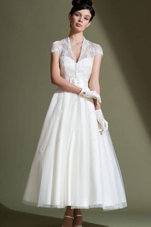 A-Line Kurze Ärmeln Tüll Brautkleid mit Gekappten Ärmeln mit Schleife - Bild 1