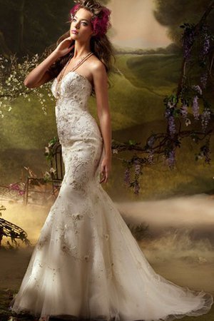Tüll Rückenfreies Sweep Zug Brautkleid ohne Ärmeln mit Perlen - Bild 1