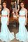 Normale Taille Tüll Meerjungfrau Perlenbesetztes Abendkleid mit Schaufel Ausschnitt - Bild 1