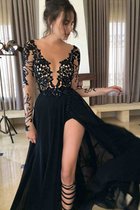 Lange Ärmeln Chiffon Bodenlanges Tiefer V-Ausschnitt Ballkleid mit Bordüre