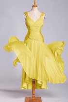 A-Line Chiffon Quadrat Ausschnitt Wadenlanges Brautjungfernkleid mit V-Ausschnitt