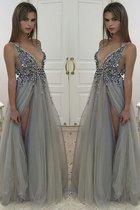 A Linie Prinzessin Normale Taille Bodenlanges Abendkleid mit Perlen