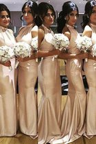 Meerjungfrau Nackenband Normale Taille Bodenlanges Brautjungfernkleid aus Satin