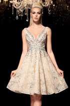Perlenbesetztes Prinzessin A Linie Cocktailkleid mit Bordüre mit V-Ausschnitt