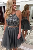 Eingängig Prinzessin Ärmelloses Spaghetti Träger Zwei Stück A-Linie Mini Abiballkleid