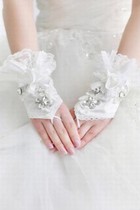Spitze Mit Kristall Weiß Luxuriös Brauthandschuhe
