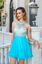 Nackenband Rückenfreies Chiffon Mini Cocktailkleid mit Perlen