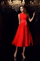 Reißverschluss Chiffon Empire Taille Abendkleid mit Hohem Kragen mit Schleife