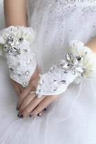 Spitze Luxuriös Mit Kristall Weiß Brauthandschuhe
