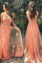 Sweep Zug Tüll Spaghetti Träger Ärmelloses Abendkleid mit Applikation