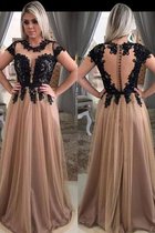 Tüll Schaufel-Ausschnitt Prinzessin A-Line Glamourös Abendkleid mit Applike