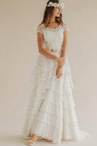 Tüll Schaufel-Ausschnitt Romantisches Legeres Brautkleid mit Plissierungen