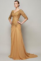 Natürliche Taile V-Ausschnitt Bodenlanges Anständiges Abendkleid mit Bordüre