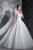 Spitze Kurze Ärmeln V-Ausschnitt Brautkleid mit Bordüre mit Plissierungen