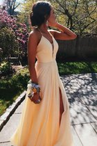 A-Linie Ärmelloses Perfekt Prinzessin V-Ausschnitt Chiffon Ballkleid mit Rüschen