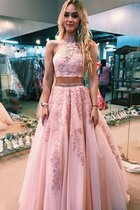 Hell Prinzessin A-Line Zweistück Bodenlanges Abendkleid mit Applike ohne Ärmeln