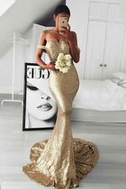 Normale Taille Blendend Paillette Schulterfrei Meerjungfrau Stil Abendkleid mit Rüschen