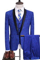 Männer Floral Beste 3 Stück Blau Smoking Blazer Anzüge Schal Revers