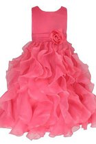 A-Line Duchesse-Linie Schaufel-Ausschnitt Knöchellanges Blumenmädchenkleid mit Rüschen
