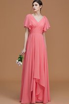 Chiffon Normale Taille Gerüschtes V-Ausschnitt A-Line Brautjungfernkleid