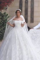 Normale Taille Duchesse-Linie Gericht Schleppe Kurze Ärmeln Brautkleid mit Bordüre