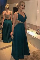 Seher A-Linie Ärmellos V-Ausschnitt Perlenbesetztes Bodenlanges Abendkleid aus Chiffon