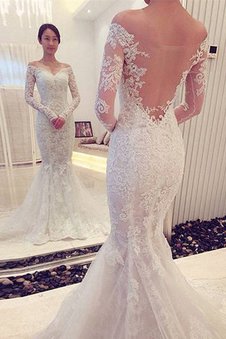 Meerjungfrau Stil Langärmeliges Normale Taille Sweep Zug Brautkleid mit Bordüre