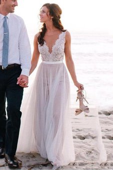 A-Line Ärmellos Bodenlanges Brautkleid mit Schaufel Ausschnitt aus Tüll