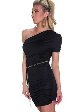 Eine Schulter Ausgeschnitten Schwarz Bodycon Kleid Plicated Club Kleider