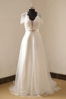 Strand A-Line Kurze Ärmeln Perlenbesetztes Brautkleid aus Organza