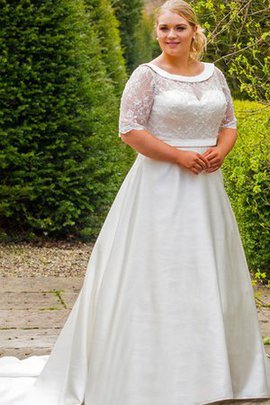 A-Line Satin Schaufel-Ausschnitt Natürliche Taile Brautkleid mit Bordüre