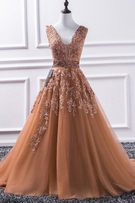 A Linie V-Ausschnitt Beliebt Prinzessin Ärmelloses Ballkleid aus Tüll mit Applike