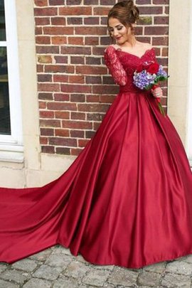Prinzessin Sweep Zug A-Line Normale Taille Satin V-Ausschnitt Atemberaubend Abendkleid