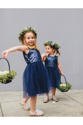 A-Line Tüll Juwel Ausschnitt Paillettenbesetztes Blumenmädchenkleid mit Blume