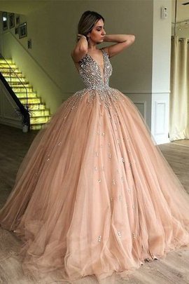 Ärmelloses Perlenbesetztes Single Normale Taille V-Ausschnitt Ballkleid aus Tüll