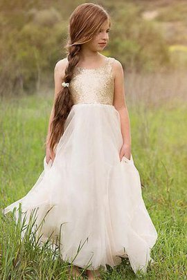 Hübsch Tüll Prinzessin Ärmelloses Paillette A-Line Blumenmädchenkleid mit Blume