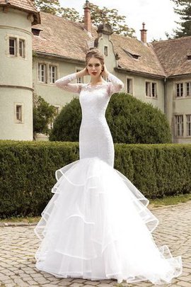 Tüll Meerjungfrau Langärmeliges Konservatives Brautkleid mit Mehrschichtigen Rüsche