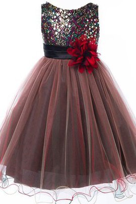 A-Line Schaufel-Ausschnitt Wadenlanges Blumenmädchenkleid mit Empire Taille mit Blume