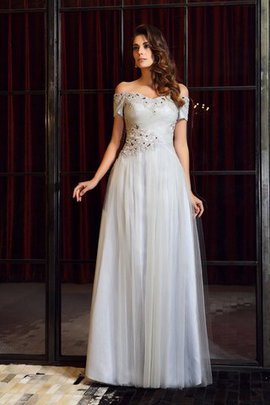 Schulterfrei Empire Taille A-Linie Perlenbesetztes Ballkleid mit Reißverschluss
